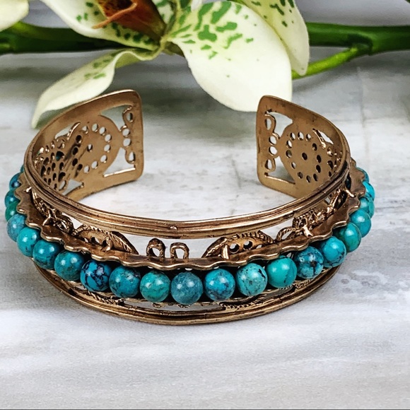 Boho Festival Bronze Round Turquoise Beaded Cuff - Picture 3 of 9